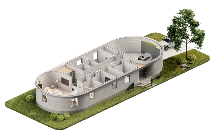 Cutaway model of an oval concrete home with interior rooms, circular garage, car, and tree