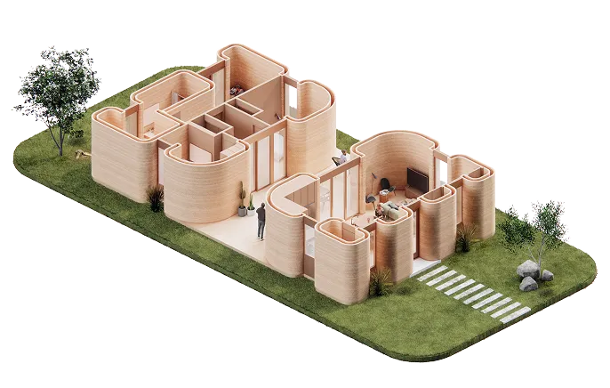 Isometric 3D-printed home model with curved exterior walls on a grassy site