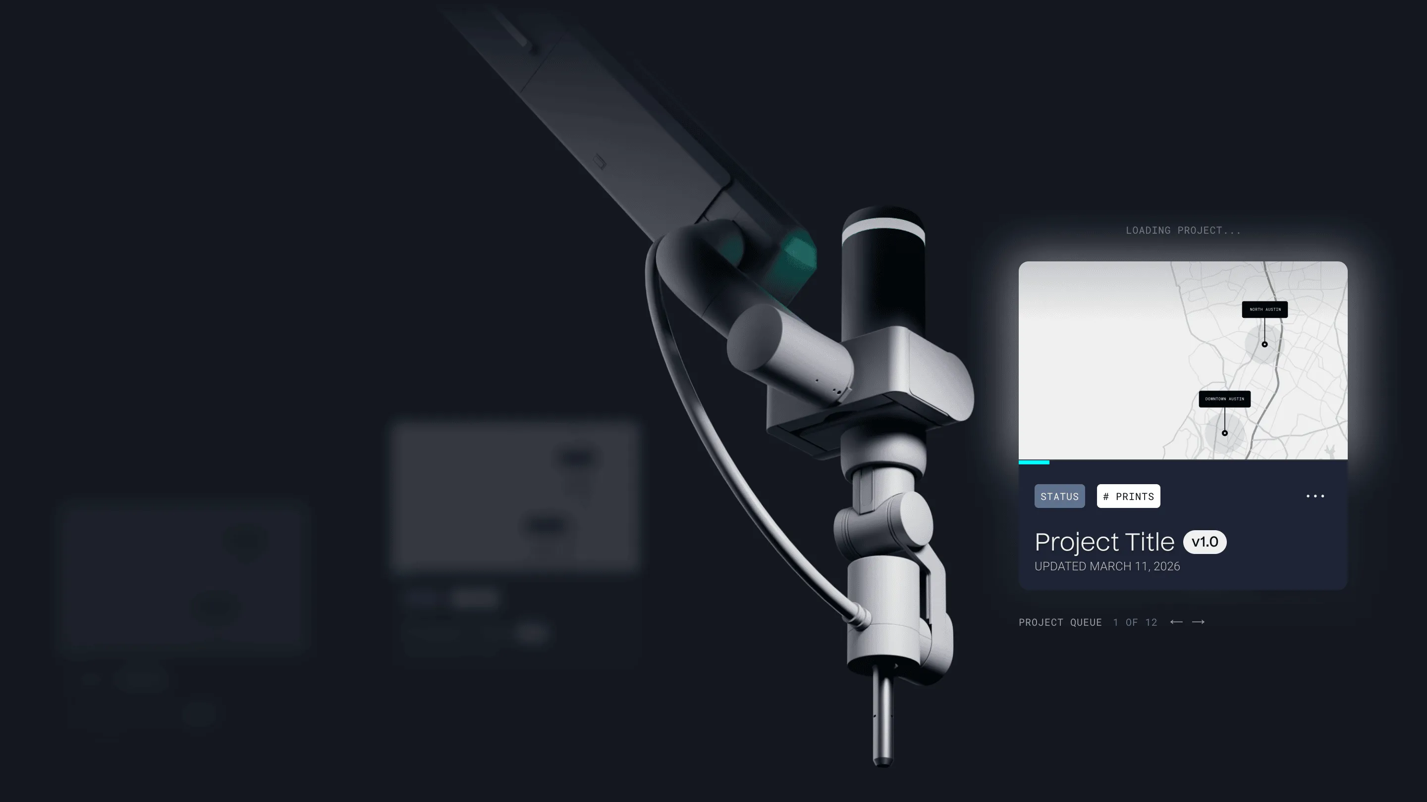 Robotic arm beside blurred project cards and a map-based project interface.