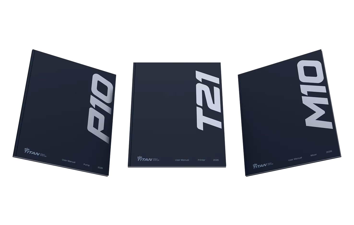 Three dark user manuals labeled P10, T21, and M10