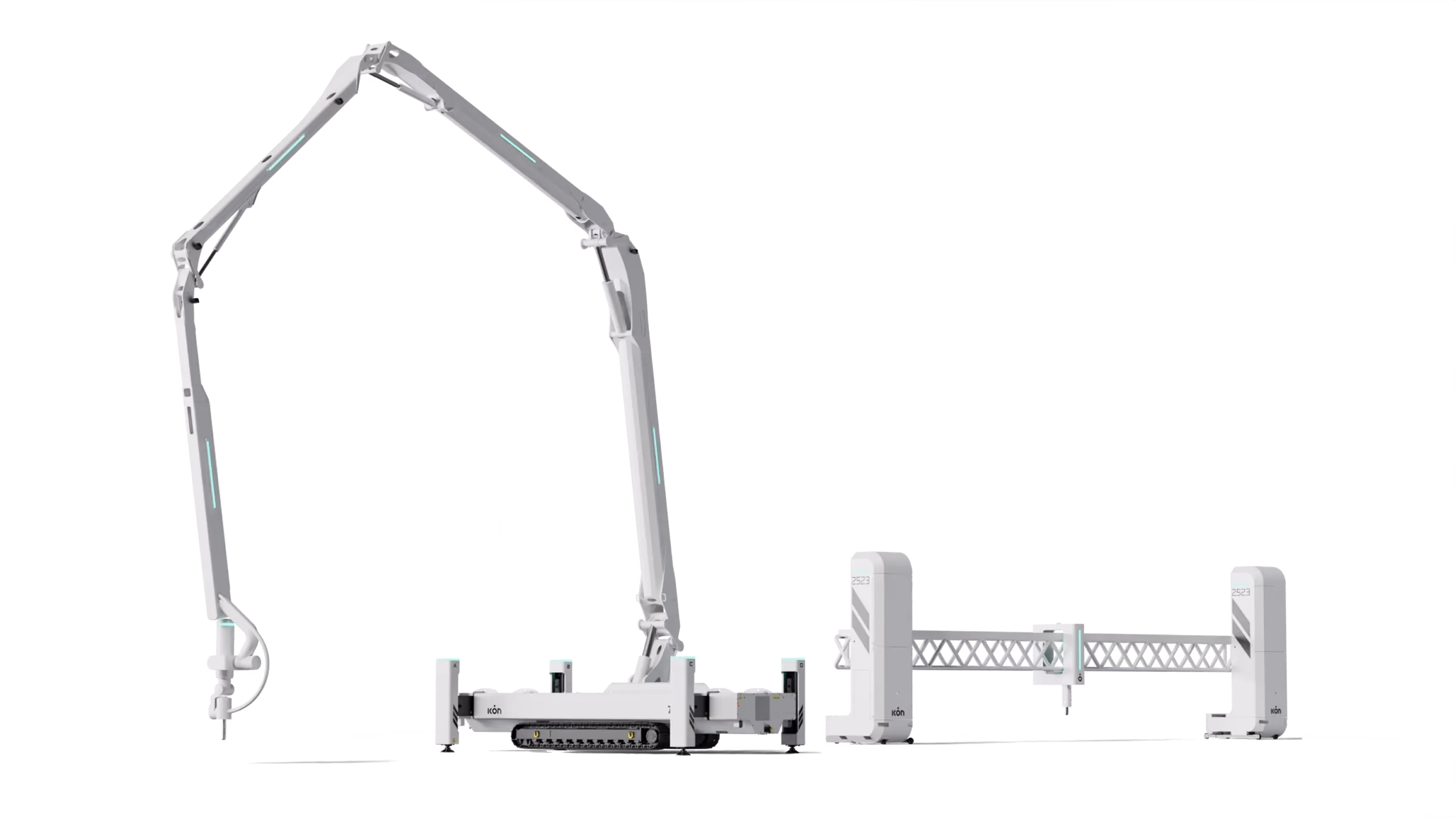 Large white mobile 3D concrete printer with articulated robotic arm and gantry.