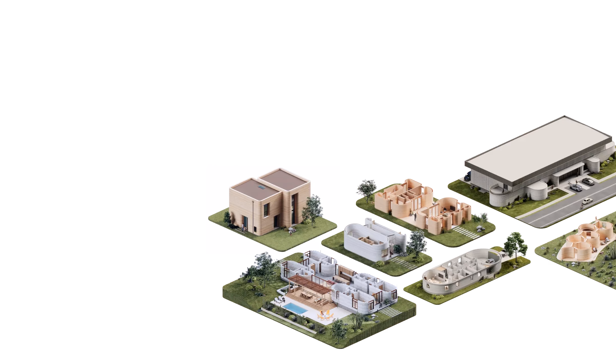 Isometric models of modular and modern homes with landscaped plots and a large industrial building