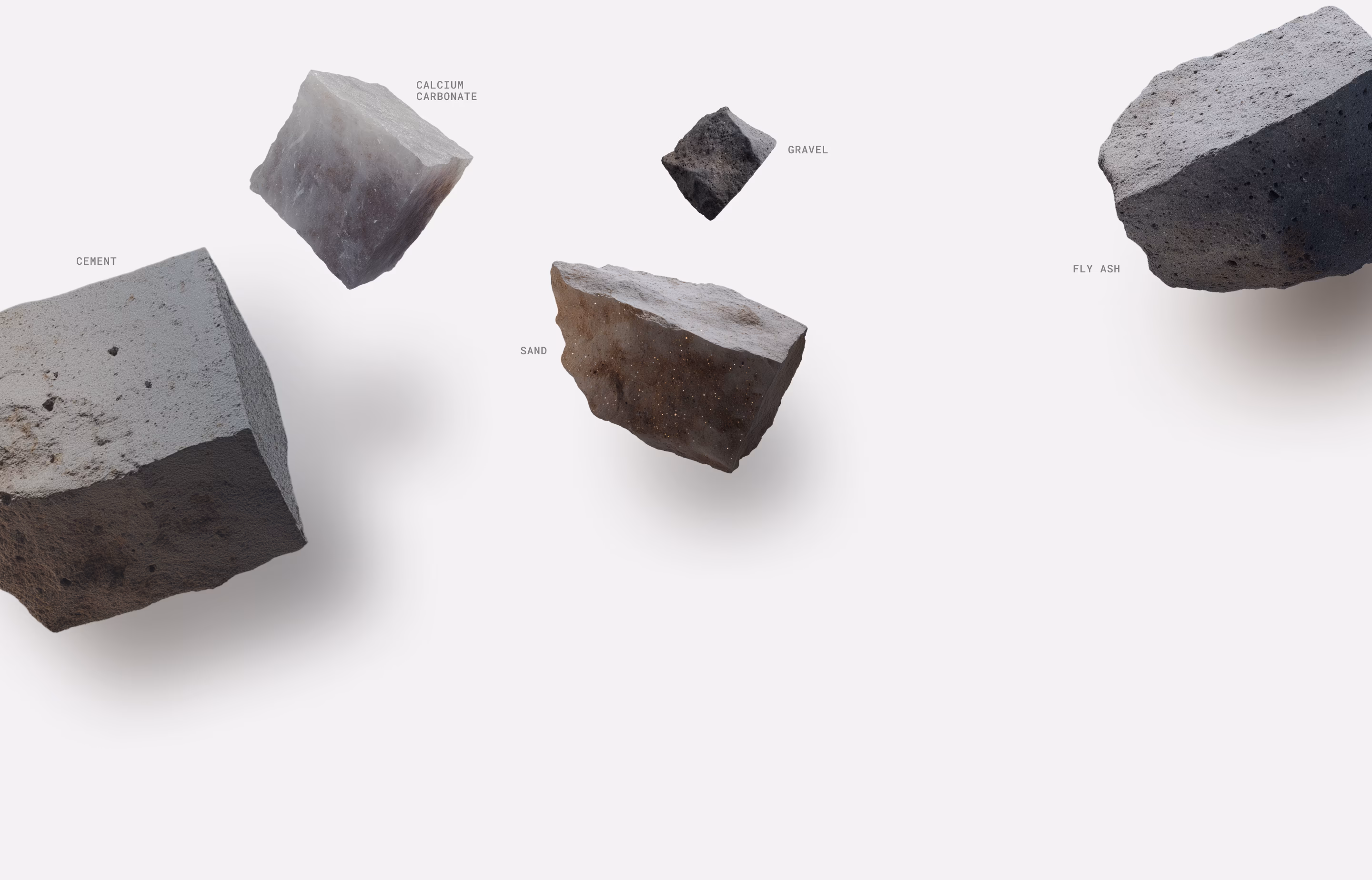 Floating concrete and stone material samples with shadows on black background