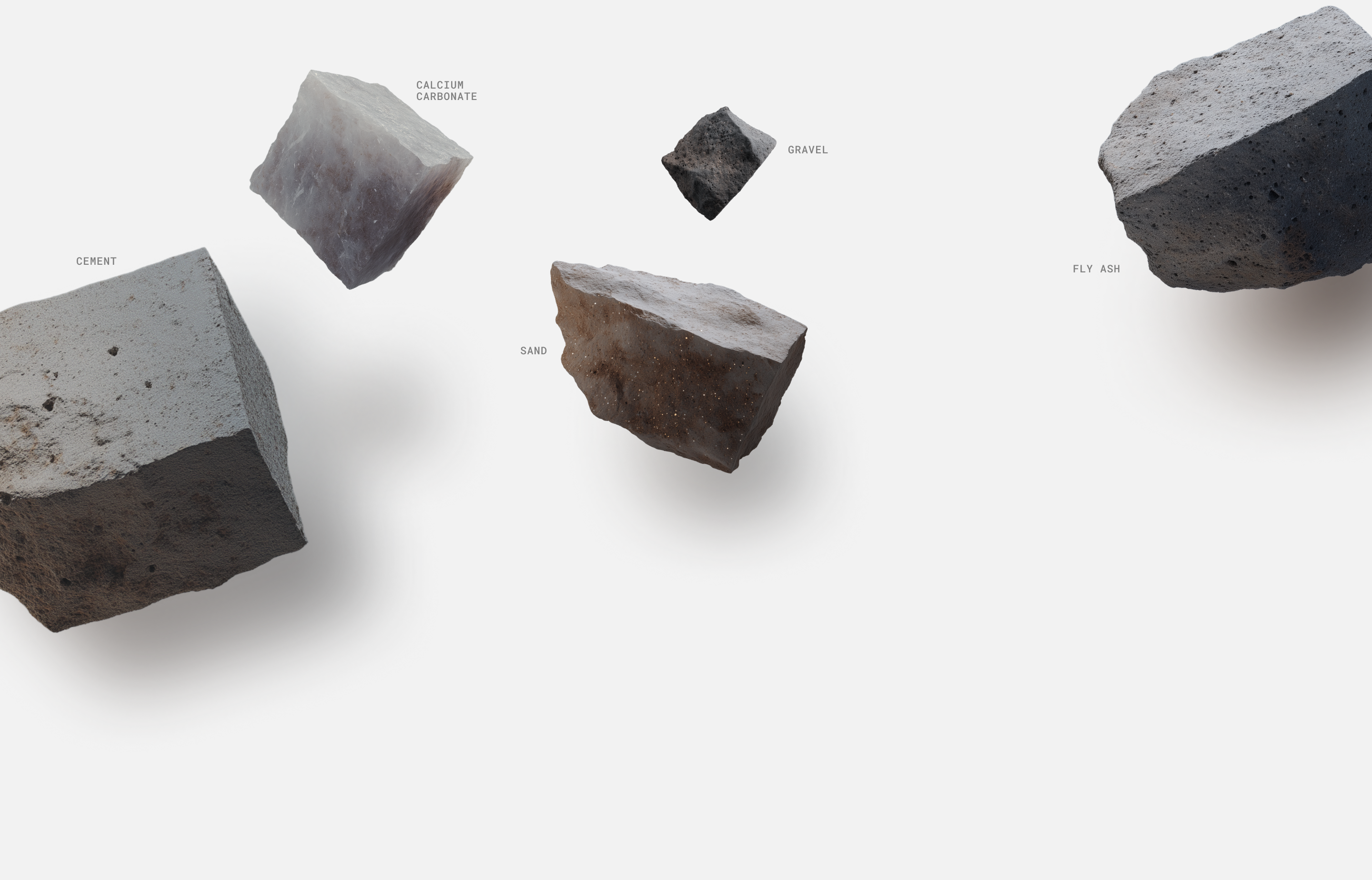 Floating concrete and stone material samples with shadows on black background