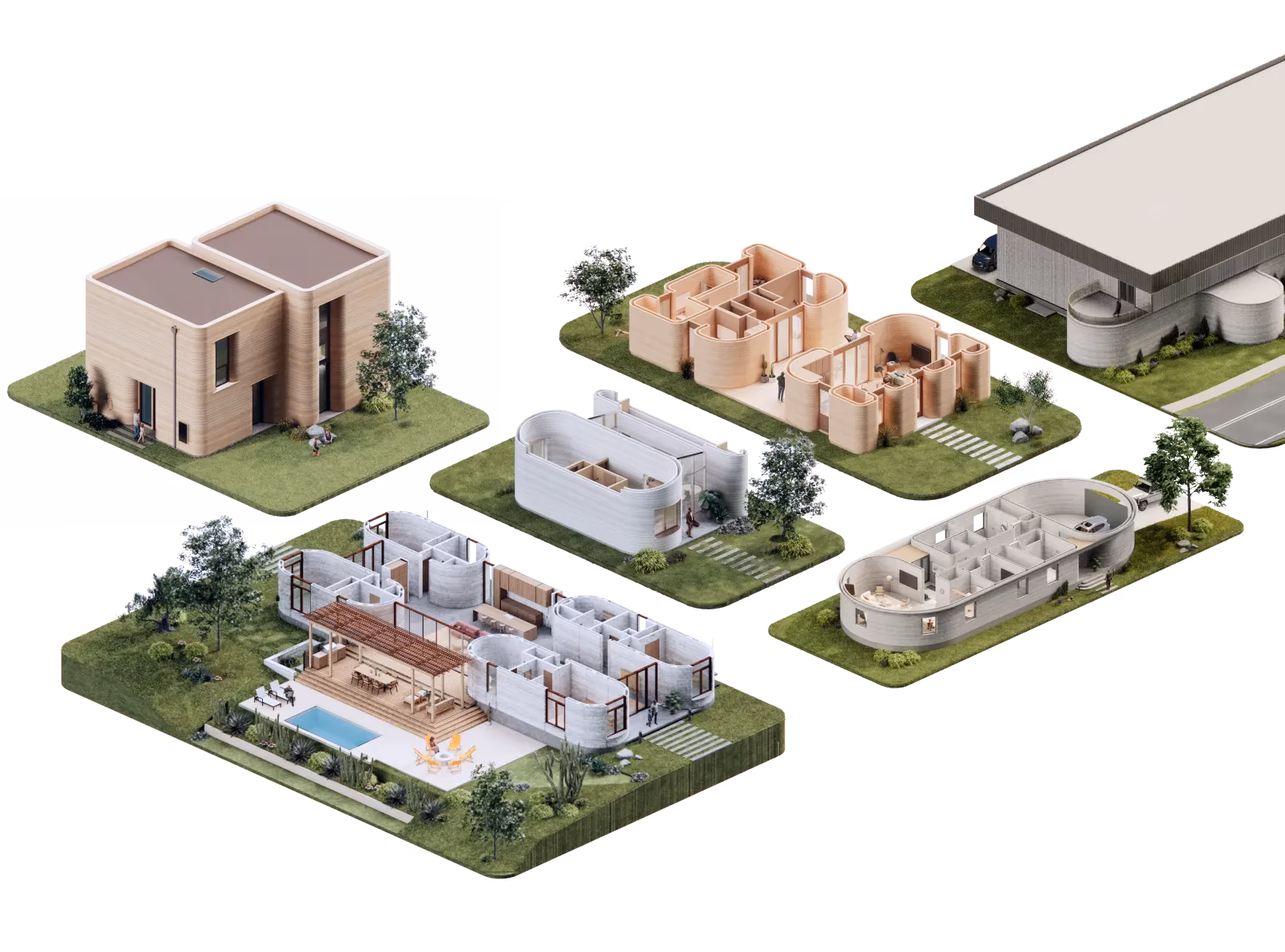 Isometric models of 3D-printed modern homes and floorplans on grassy plots