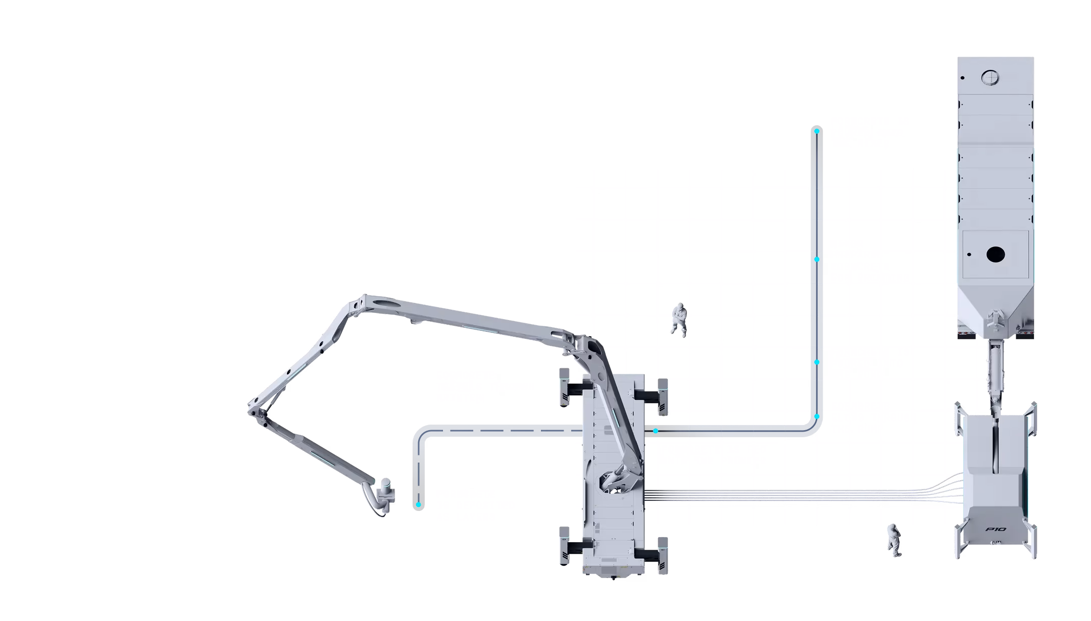 Top-down view of a robotic 3D printing system with articulated arm, material silo, and grid layout