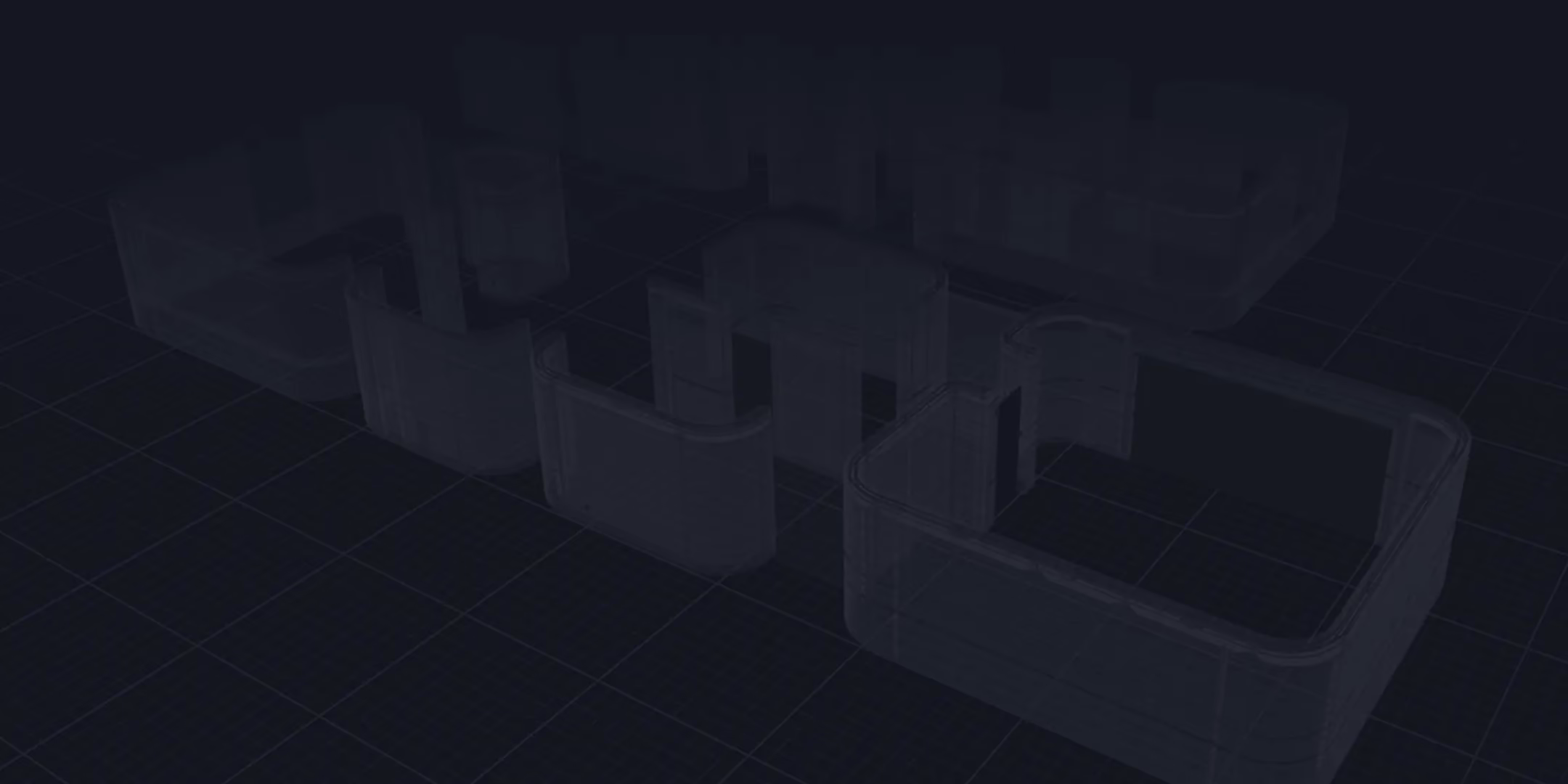 Translucent 3D floor plan model with curved walls on a dark grid