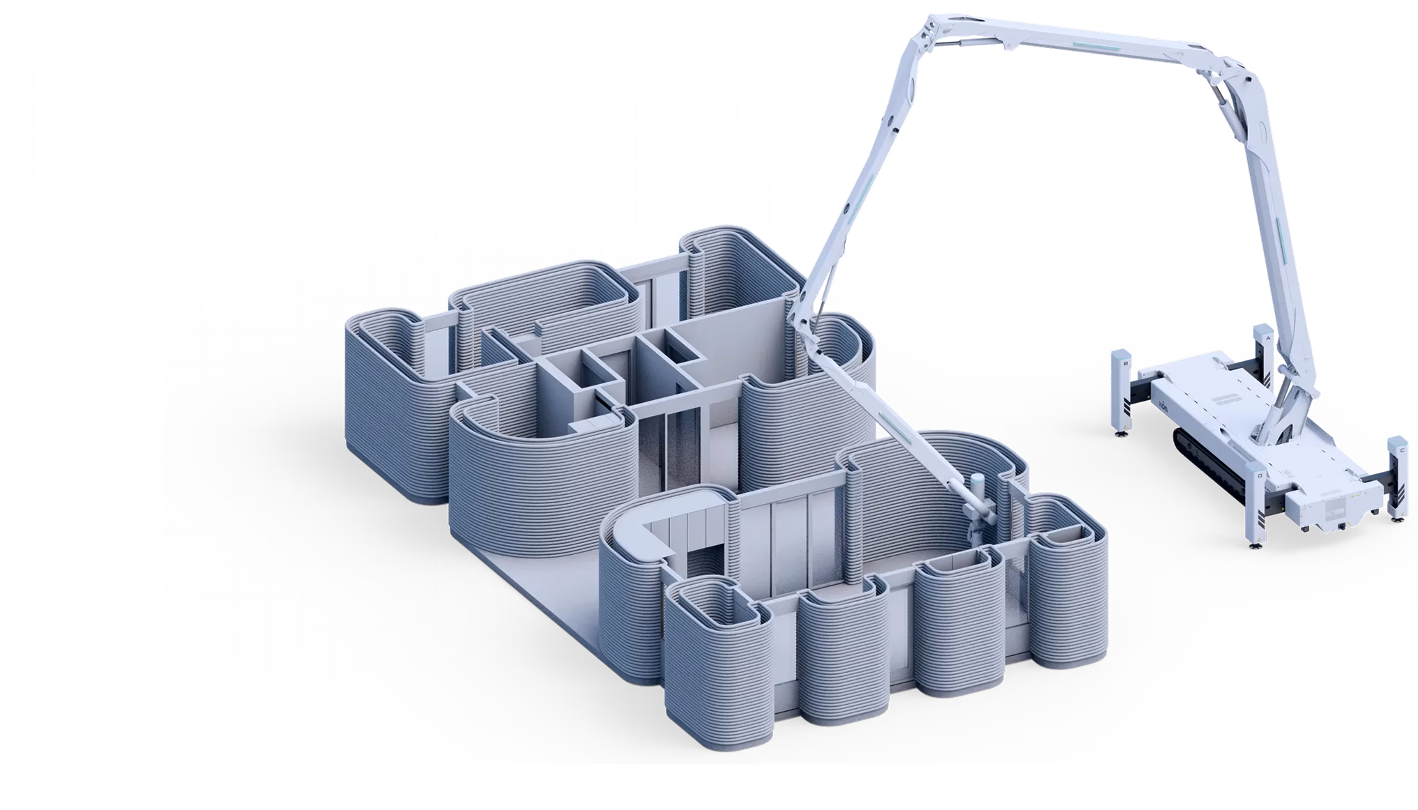 3D printed house shell with layered walls and robotic arm on tracked base