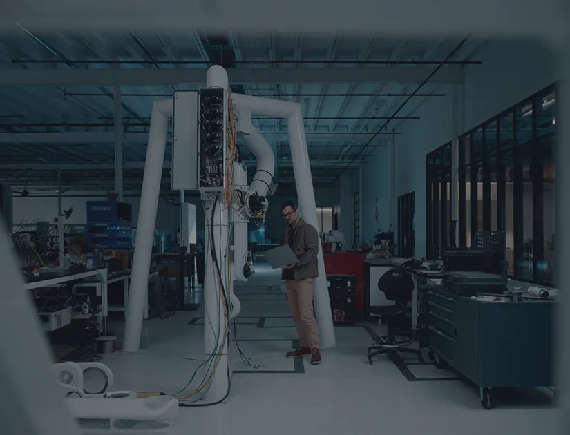 Engineer with laptop next to large robotic arm and cables in a fabrication workshop