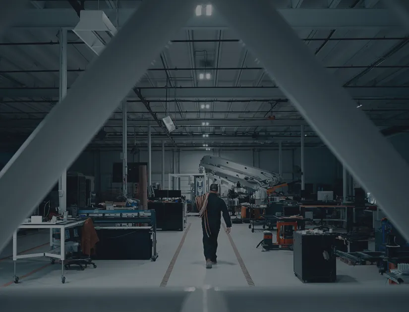 Worker walking toward a robotic arm in an industrial workshop framed by steel beams