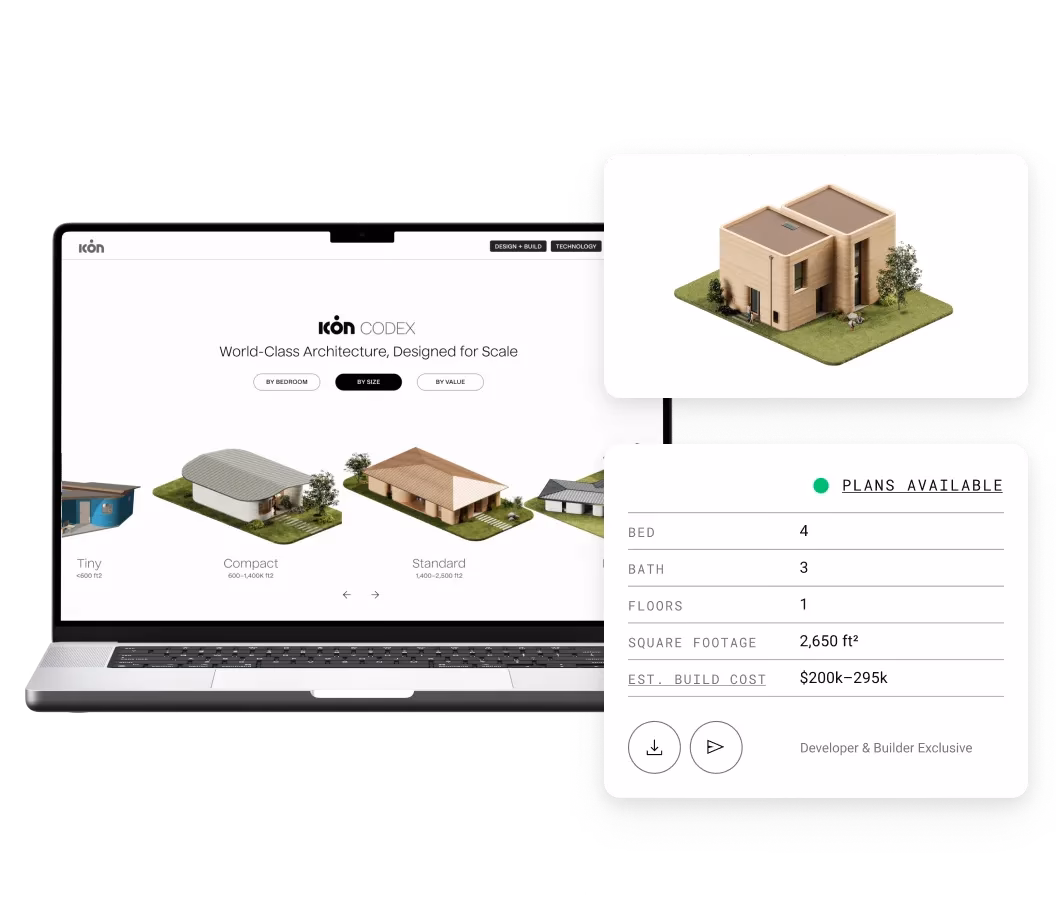 Laptop with architecture catalog of house models, 3D rendering, and plan details card