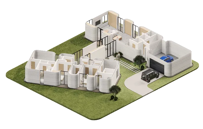 3D-rendered single-story home model with curved white walls, garage, driveway, and lawn
