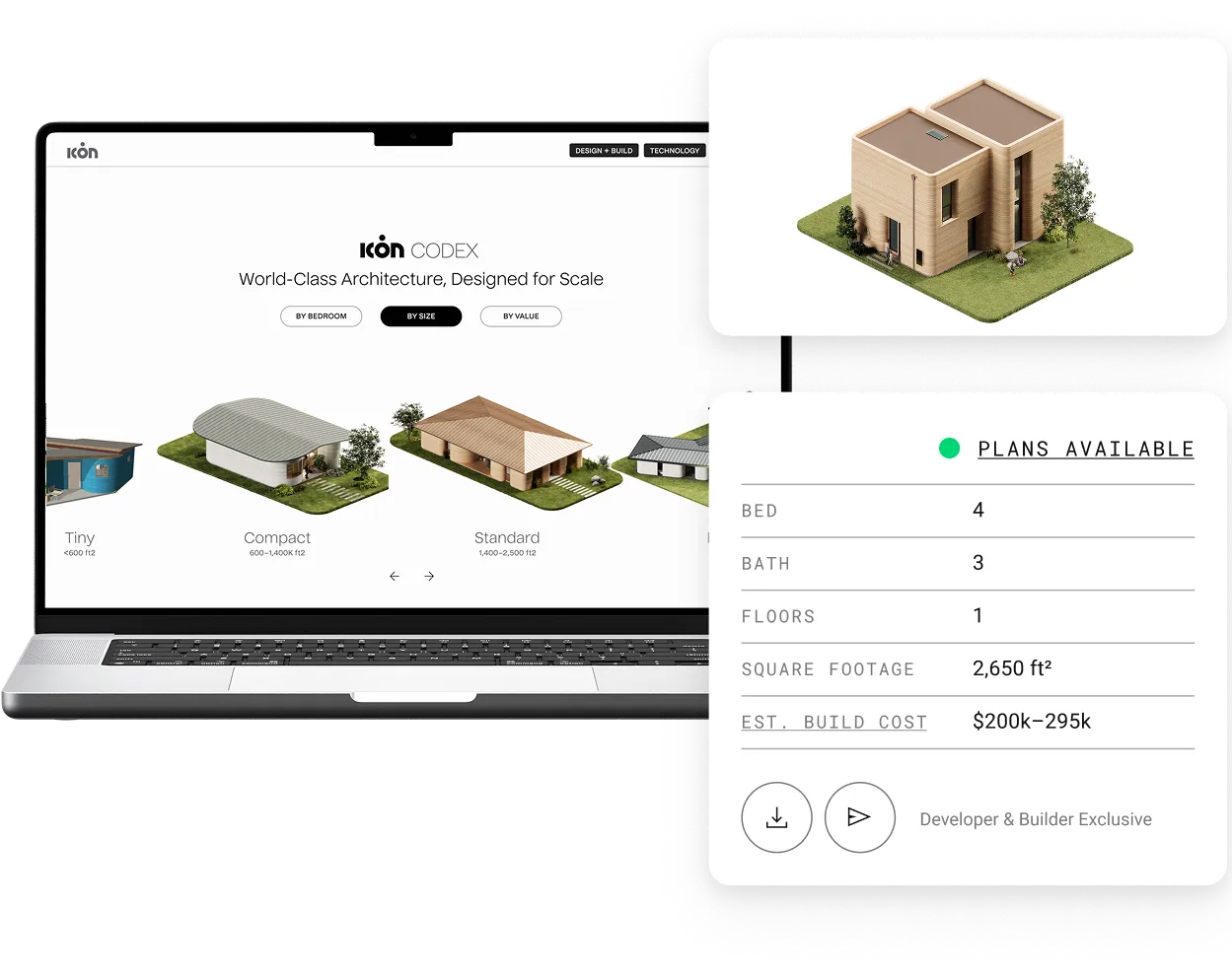 Laptop screen with 3D house thumbnails, wooden two-story model, and plan card listing 4 bed 3 bath