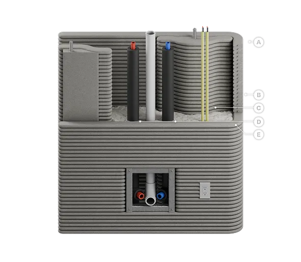 3D-printed wall section with embedded water lines, drain, electrical conduit, junction box and outlet