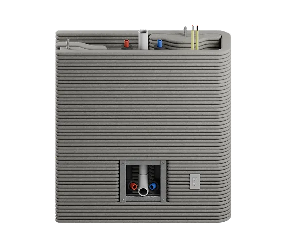 3D-printed concrete wall section with layered print lines, exposed plumbing and electrical outlets