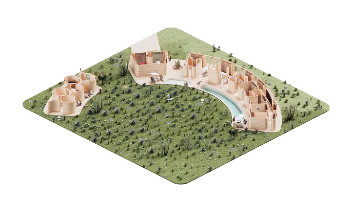 Architectural model of two curved 3D-printed buildings with a crescent pool on a grassy site