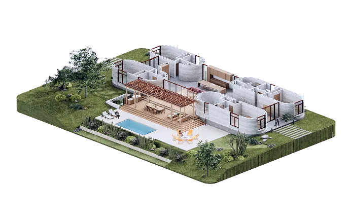 3D rendering of a modern home with curved concrete walls, pergola, outdoor dining area, and pool