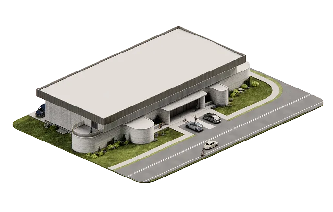 Isometric architectural model of a rectangular modern building with curved concrete walls, cars and road