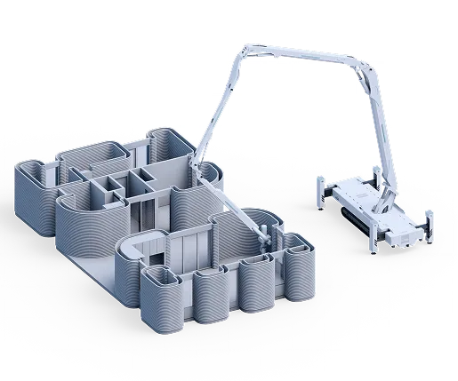 Robotic arm on mobile base 3D-printing layered concrete walls of a building model