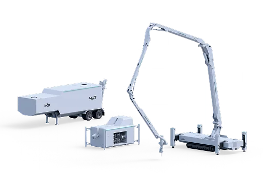 3D printer system components: trailer, power unit, and robotic arm on grid background