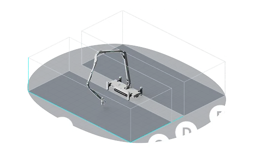 Robotic construction printer on tracked base with arched arm above grid platform and wireframe outlines