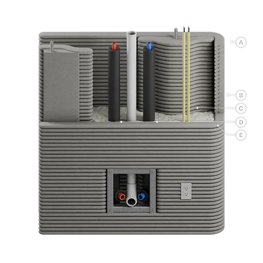 3D-printed wall section with embedded water lines, drain, electrical conduit, junction box and outlet
