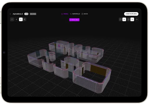 Tablet screen with 3D wireframe floor plan model on dark grid interface