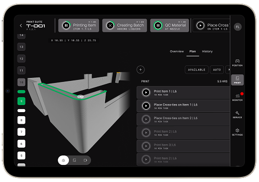 Tablet screen with 3D-printing control interface and rendered corner wall model
