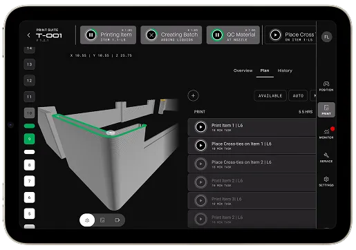 Tablet screen with 3D-printing control interface and rendered corner wall model