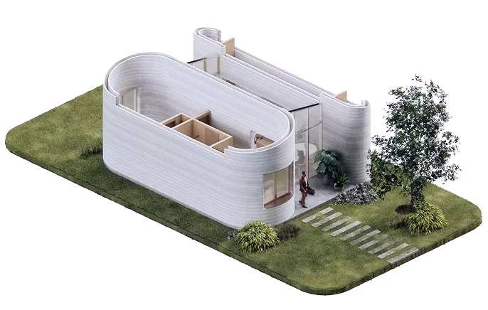 Isometric model of a curved white 3D-printed home on a grassy lot with a tree and walkway