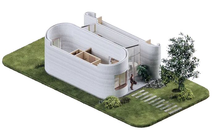 Isometric model of a curved white 3D-printed home on a grassy lot with a tree and walkway