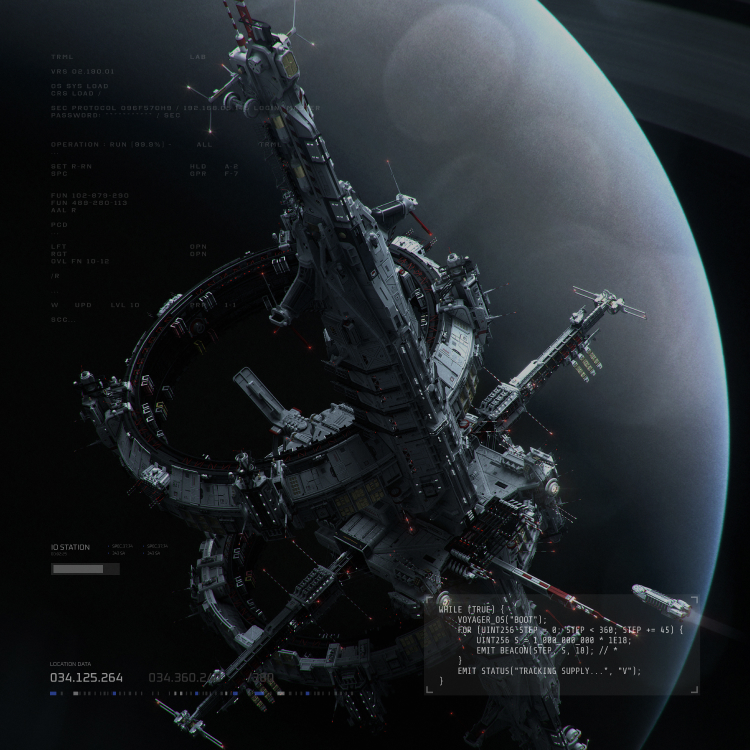 Futuristic space station with multiple structures and rings orbiting a large planet, overlaid with computer code and system data.