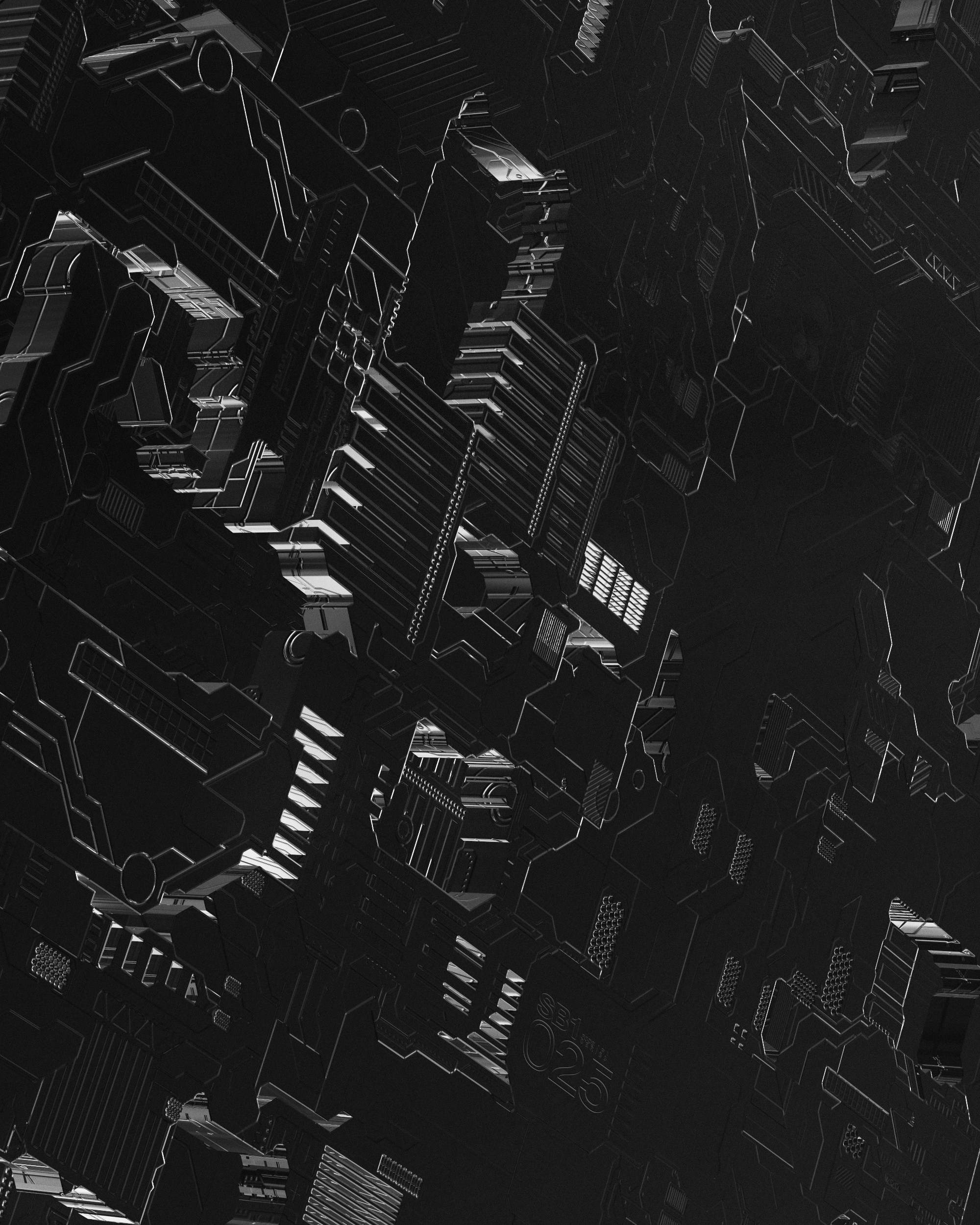 Close-up of a dark, complex electronic circuit board with intricate patterns and illuminated lines.