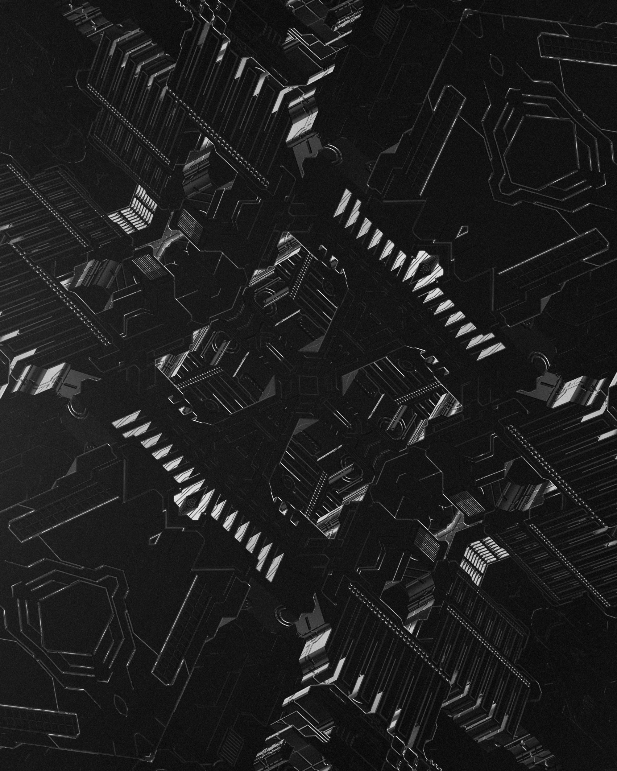 Abstract dark geometric structure with symmetrical patterns and illuminated edges.