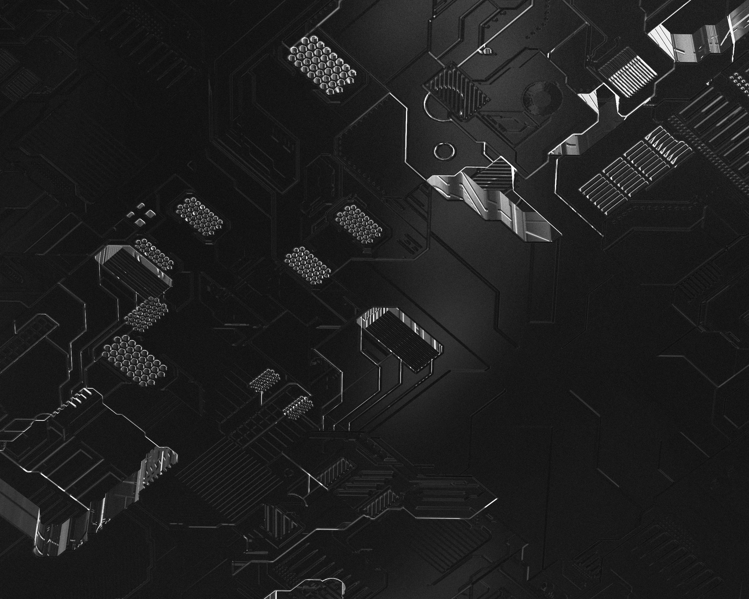 Close-up of a dark, futuristic circuit board with metallic and textured components.