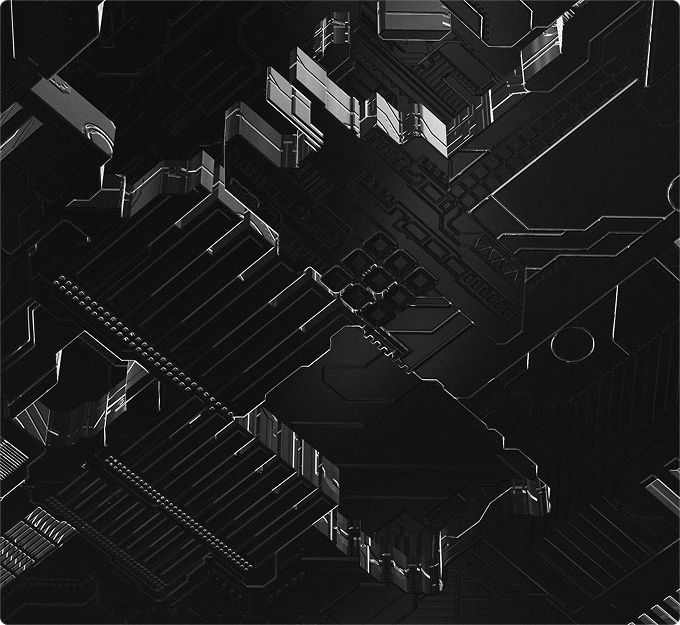 Close-up of a dark, futuristic circuit board with illuminated edges and geometric patterns.