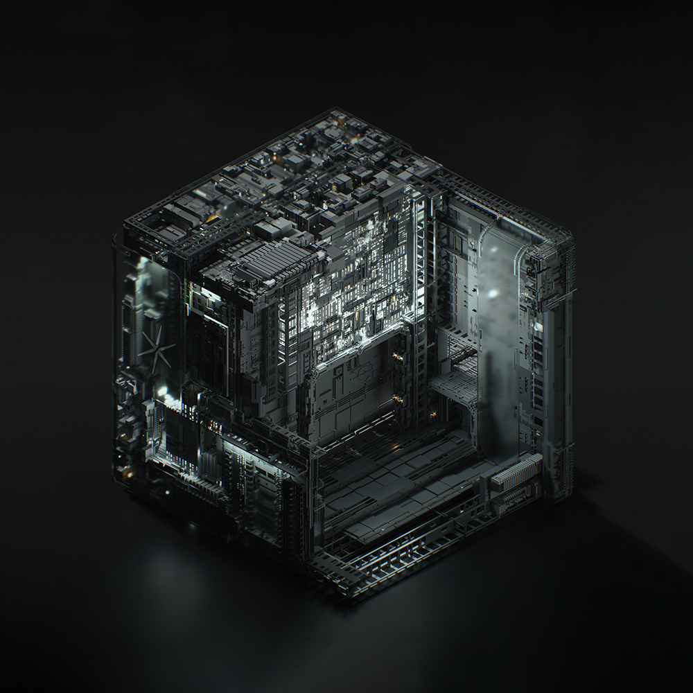 Dark, intricate, futuristic transparent cube structure with glowing circuit-like details inside.
