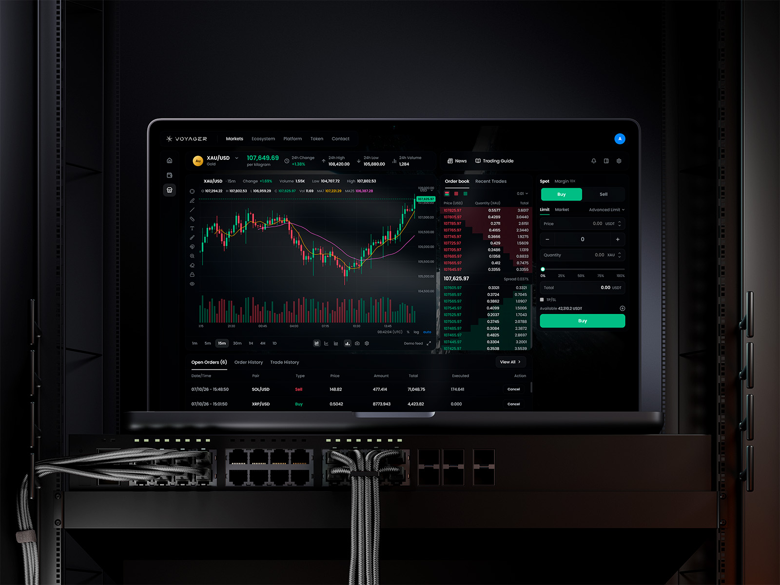 Laptop with a dark-themed financial dashboard displaying cryptocurrency and precious metals data, spotlighted against a dark background.