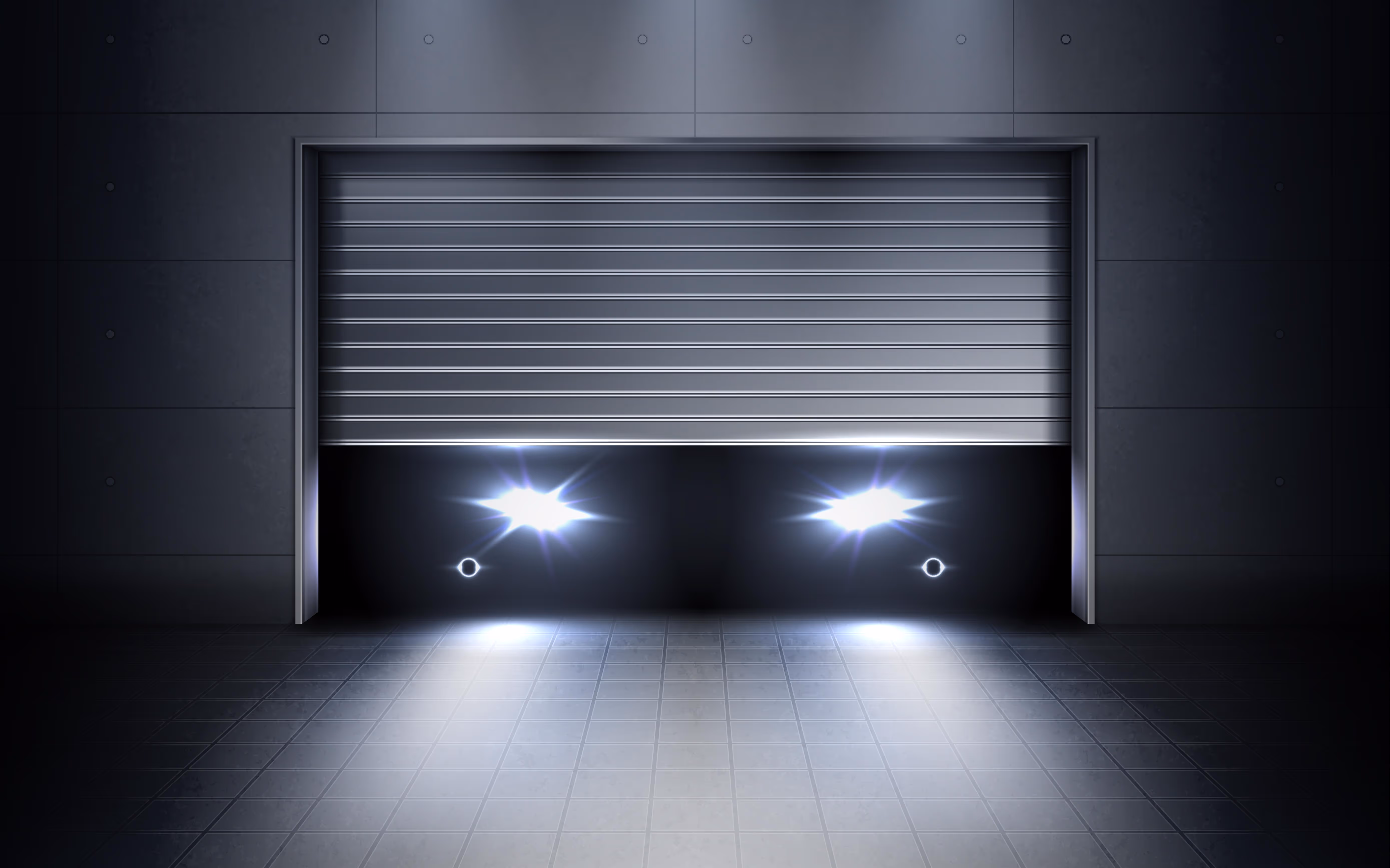 Partially open metal garage door with bright car headlights shining through in a dark garage.