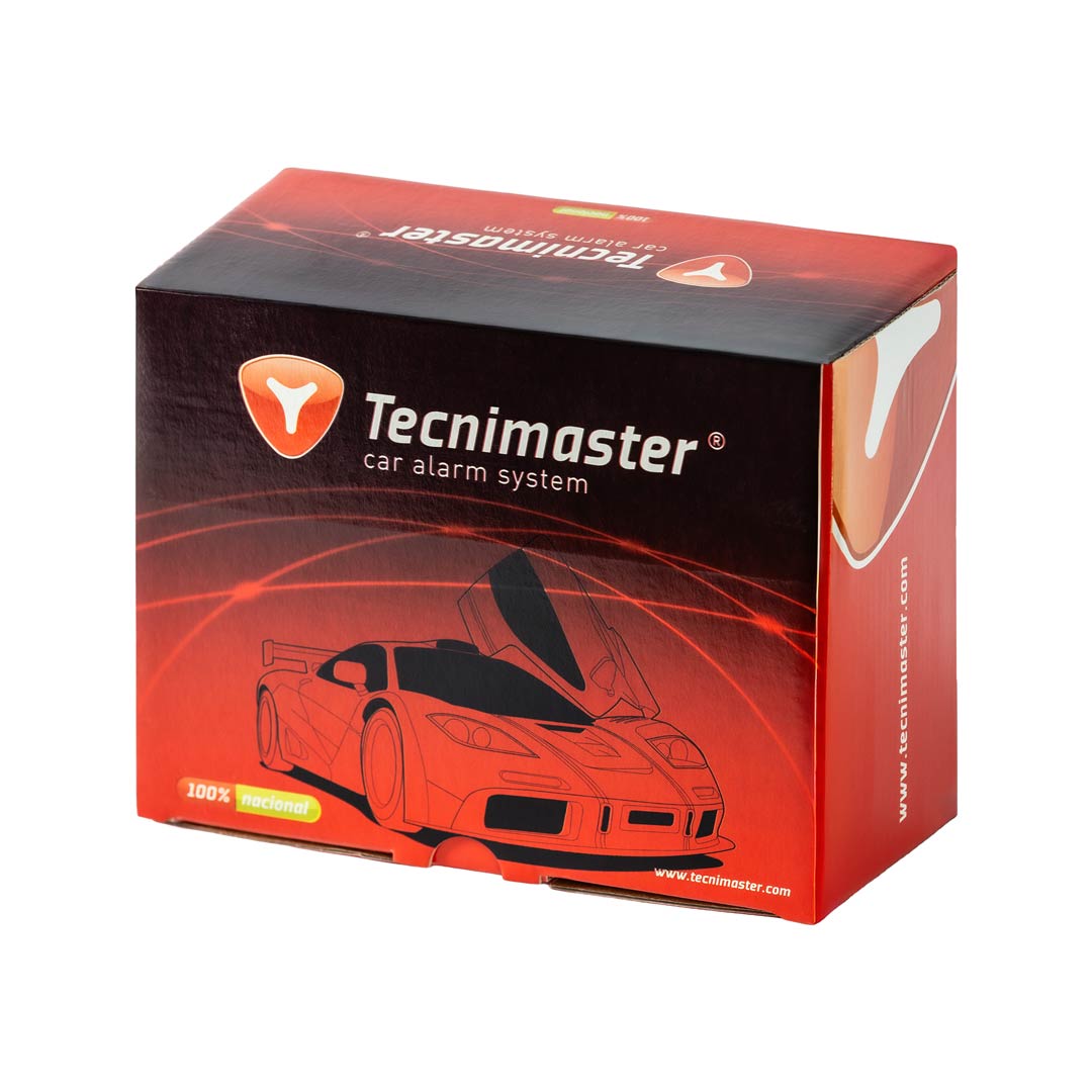 Embalagem preta e vermelha de sistema de alarme para carros da marca Tecnimaster com desenho de carro desportivo.