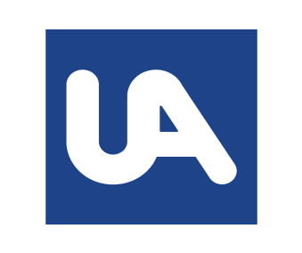 UA company logo with white letters on a blue square background.
