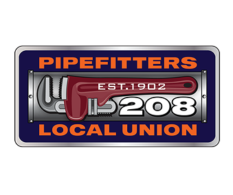 Logo showing a red pipe wrench and a silver pipe wrench with text 'PIPEFITTERS LOCAL UNION 208 EST. 1902' on a blue and silver rectangular background.