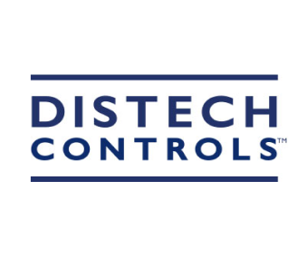 Distech Controls logo with navy blue text and two horizontal lines above and below.