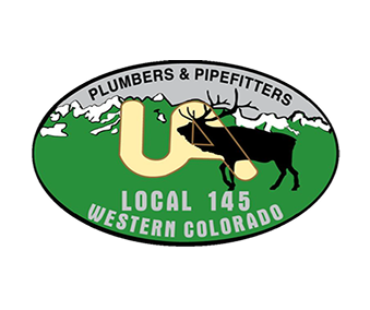 Logo of UA Local 145 Plumbers & Pipefitters in Western Colorado featuring a green mountain background, a large U and A, and a moose silhouette.