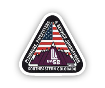 Triangular patch with American flag, mountains, and text: Plumbers Pipefitters & Service Journeymen UA 58 Southeastern Colorado.