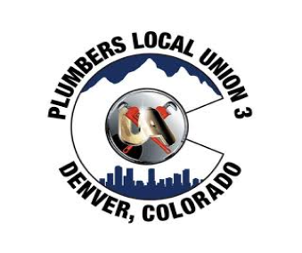Emblem of Plumbers Local Union 3 in Denver, Colorado, featuring crossed pipe wrenches and a city skyline with mountains.