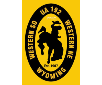 Wyoming Western SD UA 192 Western NE logo featuring a black silhouette of a bucking horse and rider on a yellow oval background.
