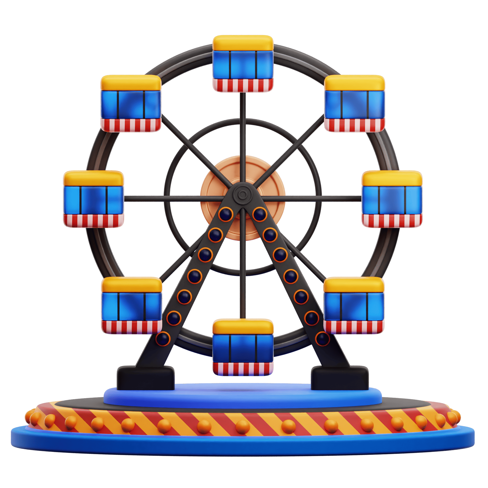 Colorful miniature Ferris wheel with eight blue gondolas on a round striped base.
