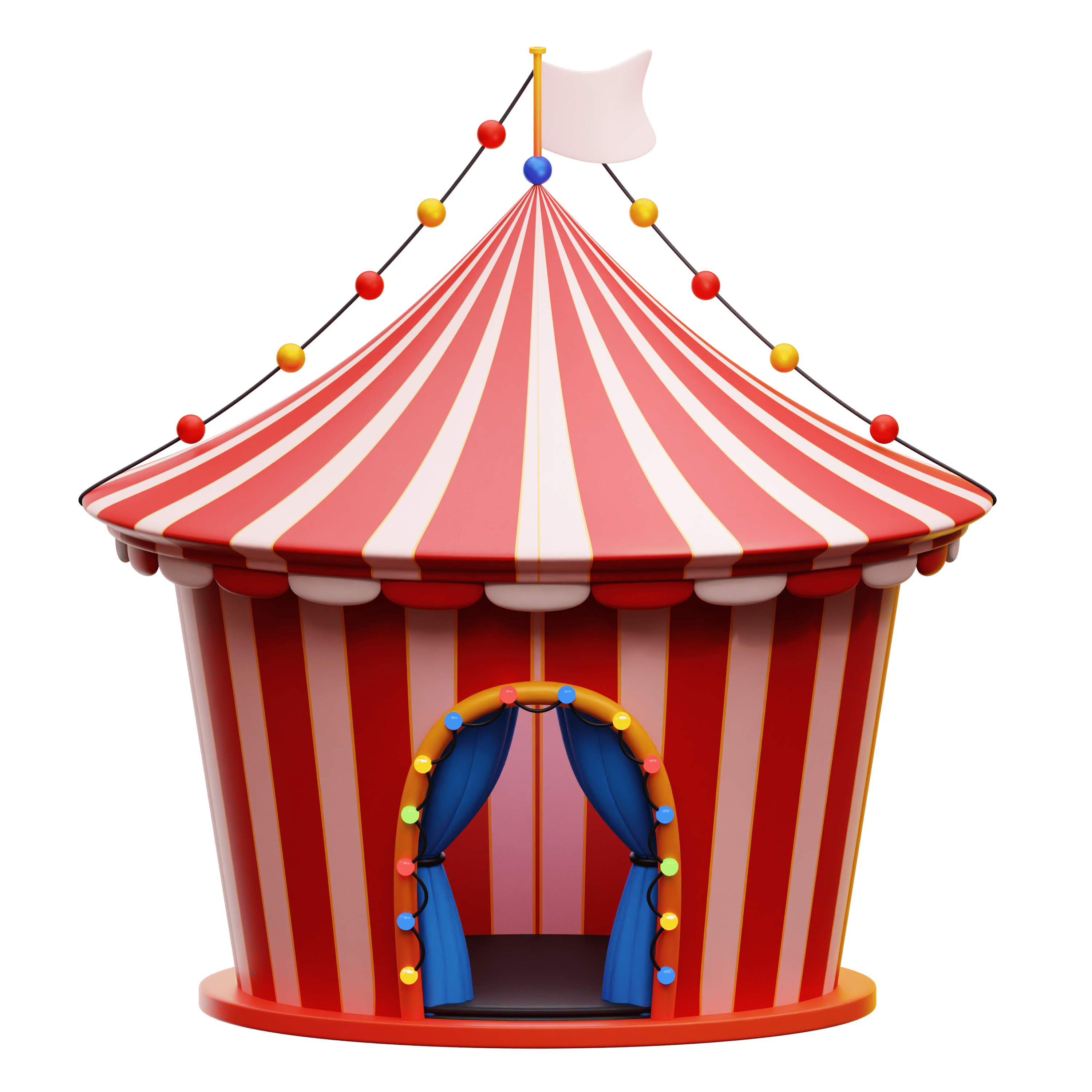 Red and white striped circus tent with blue curtains and colorful lights around the entrance.