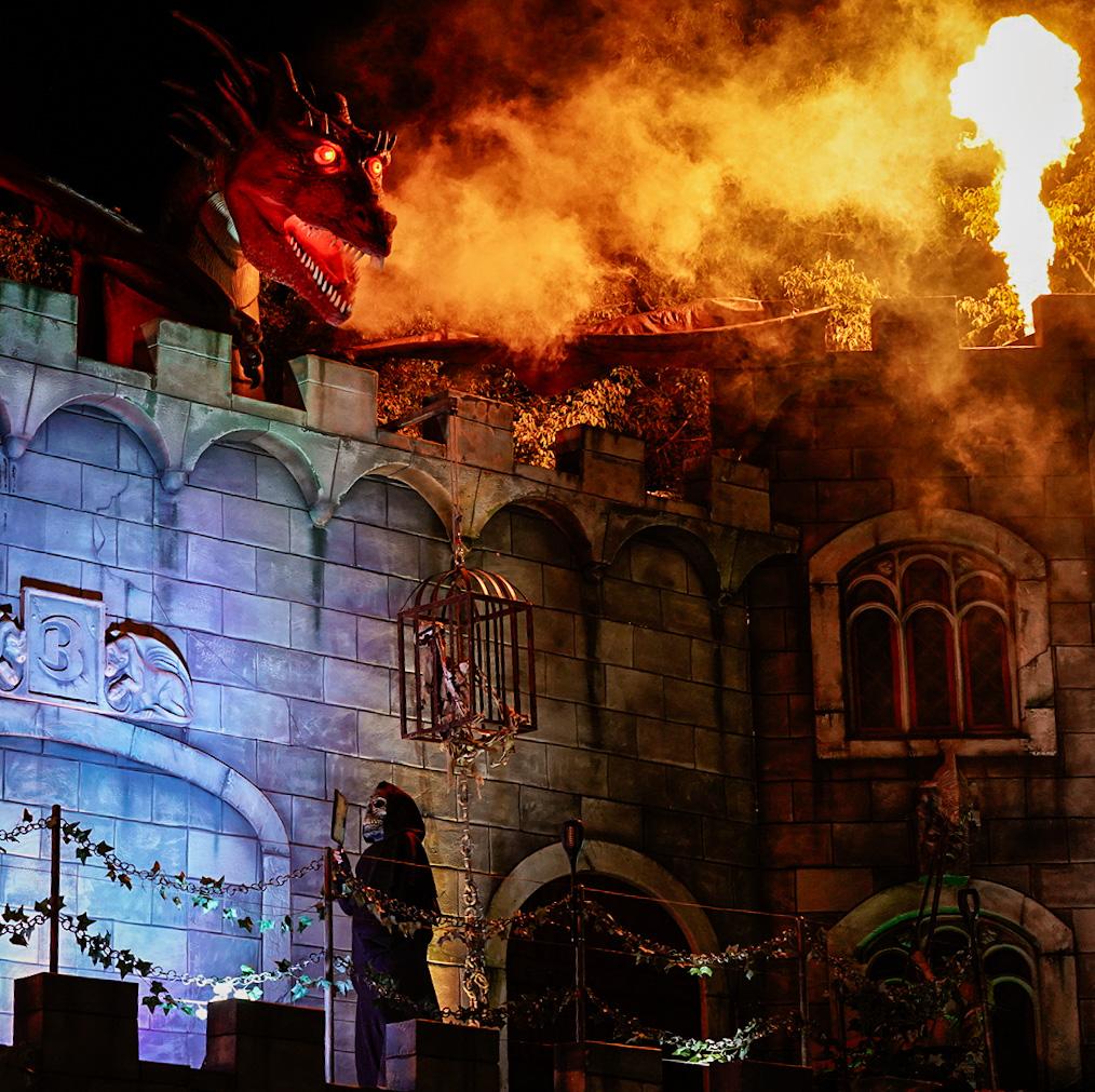 Red dragon with glowing eyes breathing fire over a stone castle wall at night with a cloaked skeleton figure below.